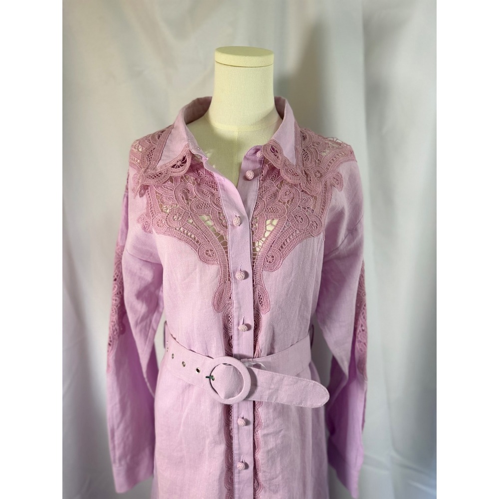 Dream Catcher Lilac Pink Ramie Crochet Lace Belted Shirtdress NWT Size M - Picture 2 of 16